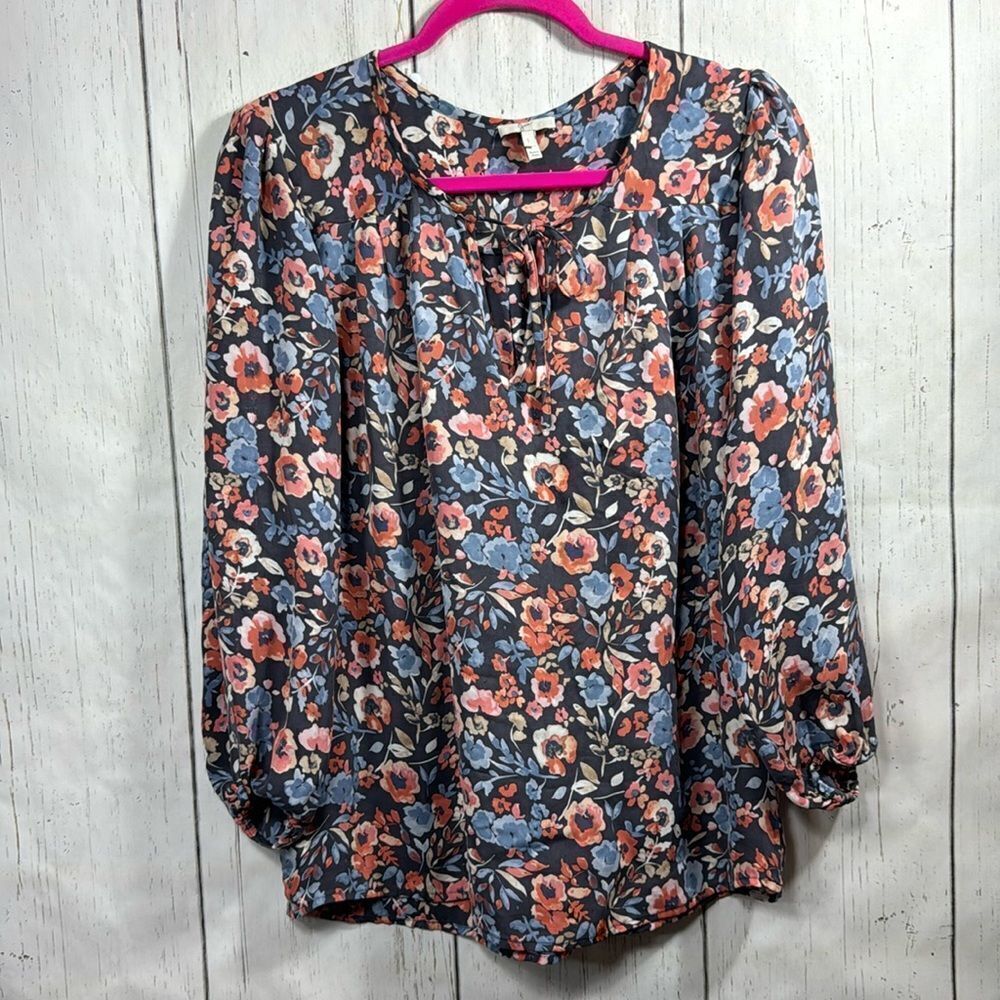 Joie Odelette 100% Silk Floral Neck Tie Front Long Sleeve Lightweight Blouse